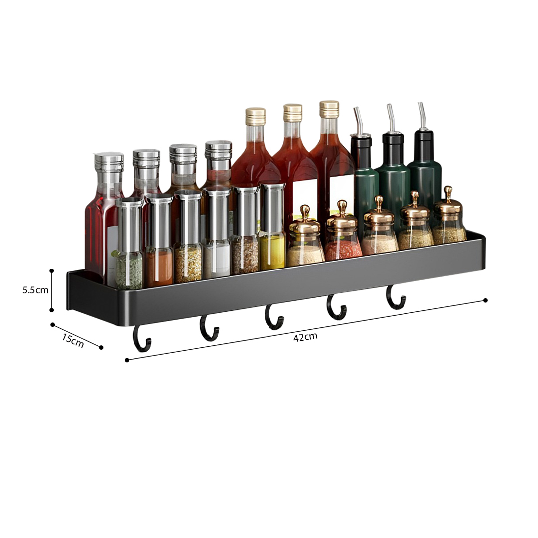 Soga 42Cm Black Wall-Mounted Rectangular Kitchen Spice Storage Organiser Space Saving Condiments Shelf Rack With Hooks, Kitchen &Amp; Dining, Kitchen Storage, Kitchen Organisation, Spice Organisers, ,  - Nz Depot 6