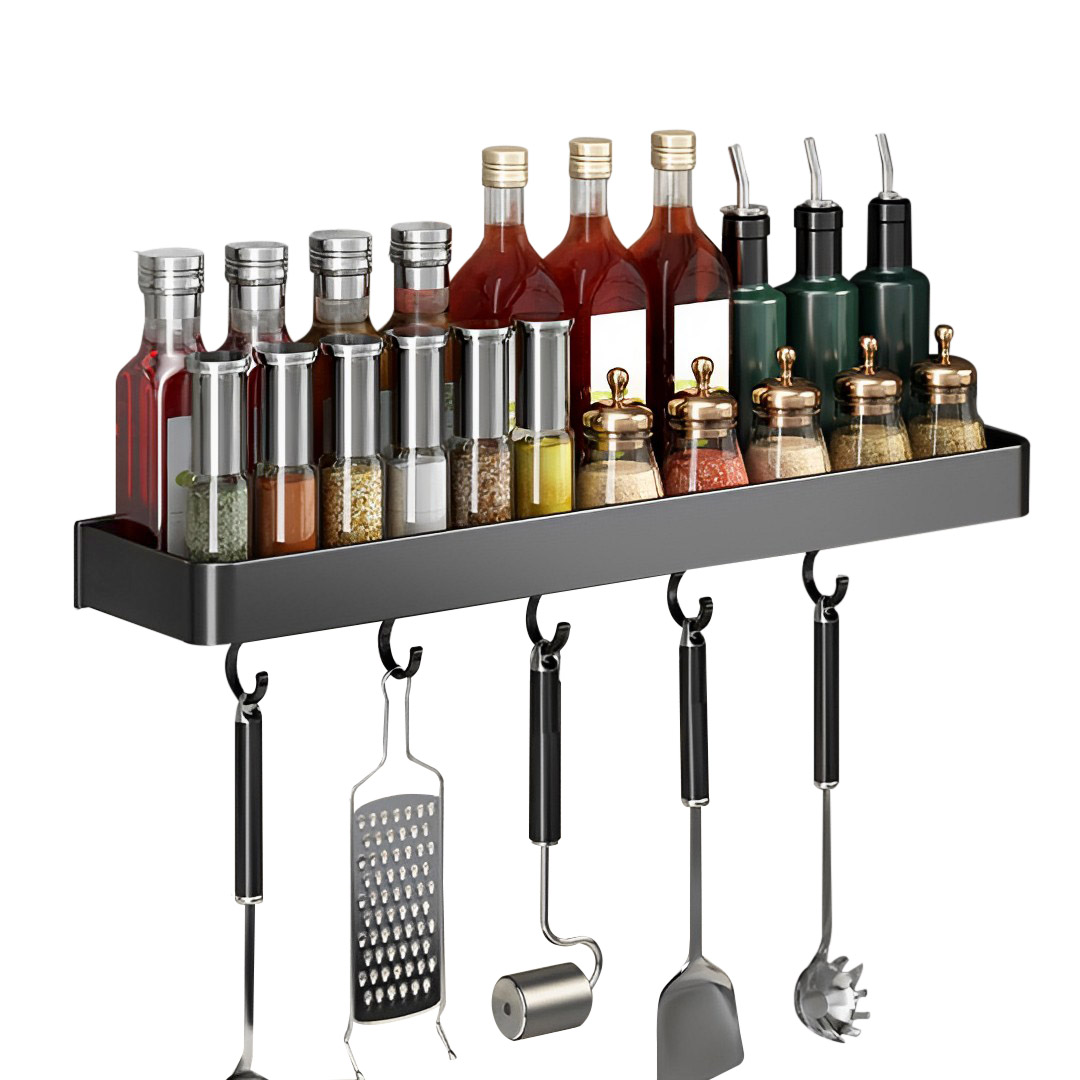 Soga 42Cm Black Wall-Mounted Rectangular Kitchen Spice Storage Organiser Space Saving Condiments Shelf Rack With Hooks, Kitchen &Amp; Dining, Kitchen Storage, Kitchen Organisation, Spice Organisers, ,  - Nz Depot 1