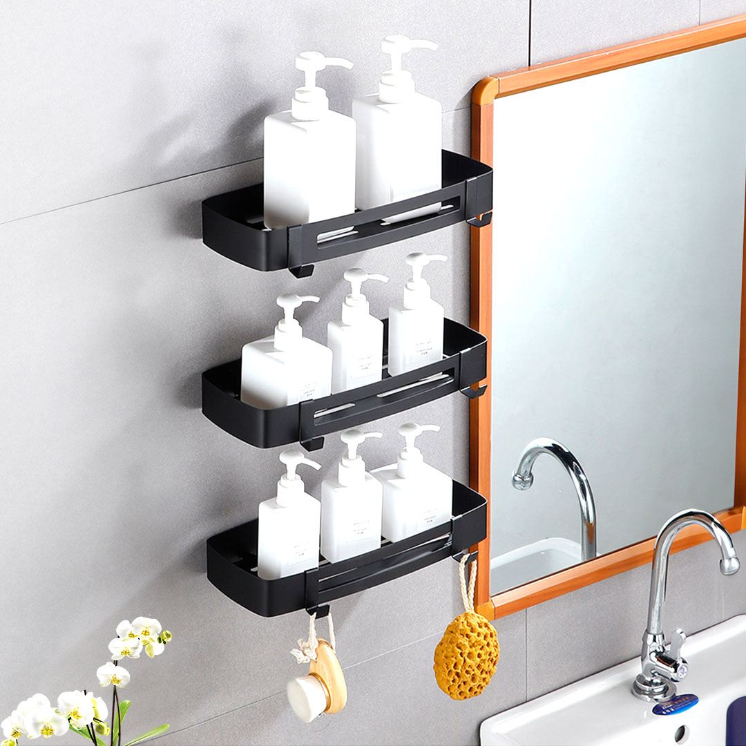 Soga Black Wall-Mounted Rectangular Bathroom Storage Organiser Space Saving Adhesive Shelf Rack With Hooks, Home, Bathroom, Bathroom Accessories, Bathroom Storage, ,  - Nz Depot 7