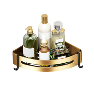 SOGA Gold Wall-Mounted Triangular Bathroom Storage Corner Vanity Organiser Space Saving Adhesive Shelf Rack with Hooks, Home, Bathroom, Bathroom Accessories, Bathroom Storage, ,  - NZ DEPOT 1