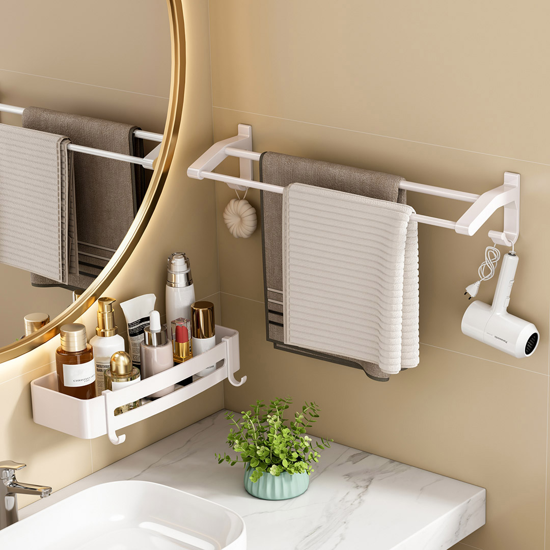 Soga 2X 52Cm White Wall-Mounted Double Pole Towel Holder Bathroom Organiser Rail Hanger With Hooks, Home, Bathroom, Bathroom Accessories, Bathroom Storage, ,  - Nz Depot 5