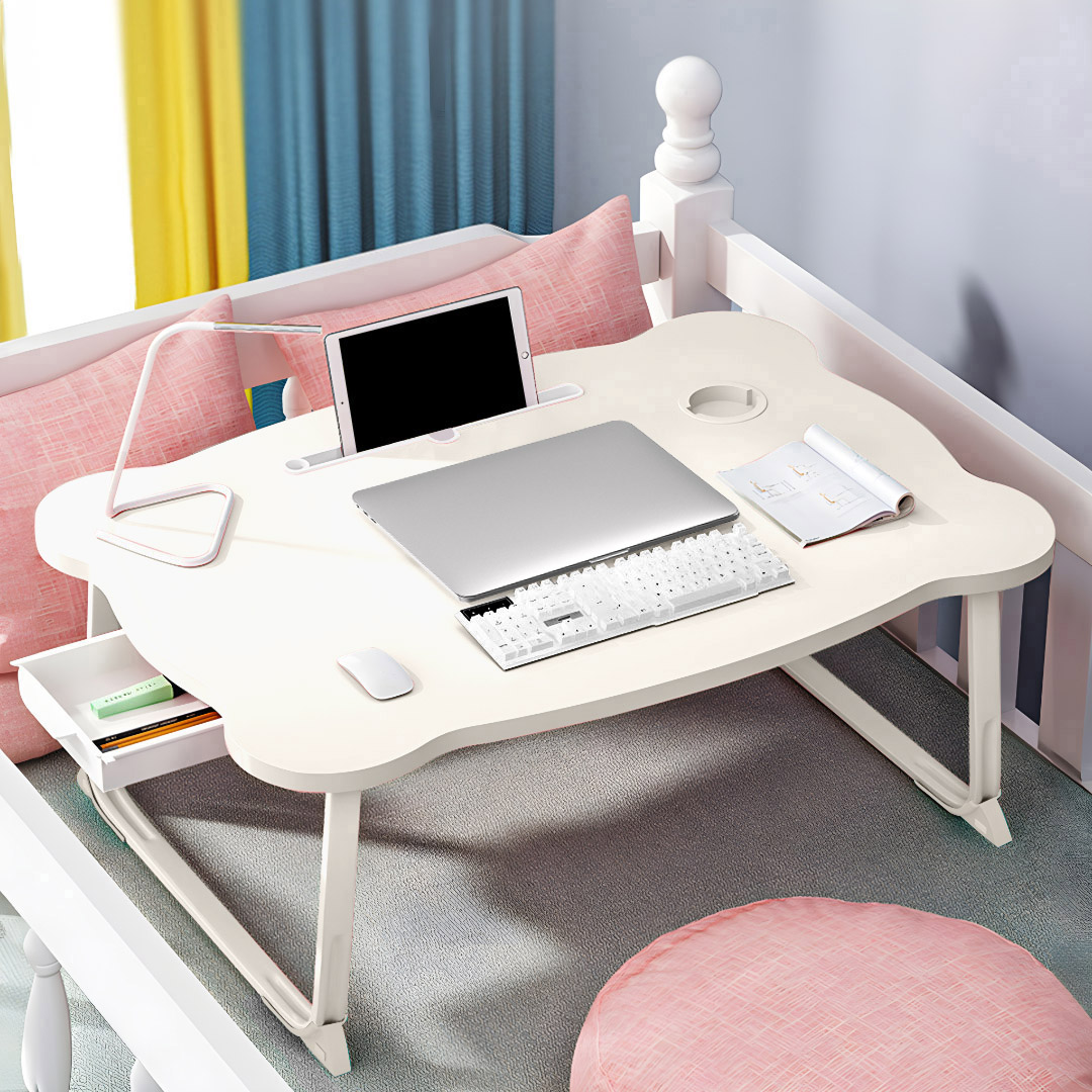 Soga 2X White Portable Bed Table Adjustable Folding Mini Desk With Mini Drawer And Cup-Holder Home Decor, Desks &Amp; Computer Tables, , , , ,  - Nz Depot 3