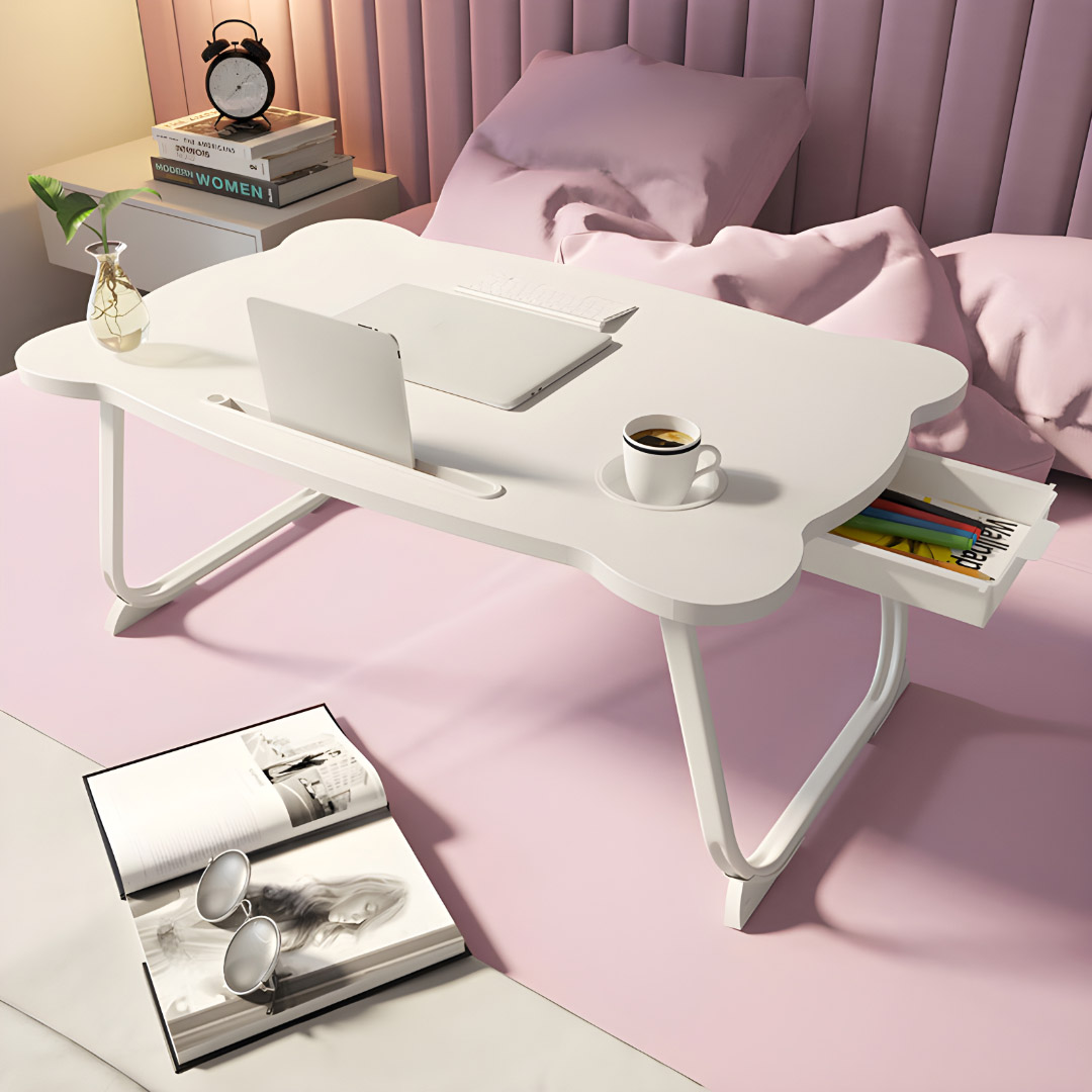 Soga White Portable Bed Table Adjustable Folding Mini Desk With Mini Drawer And Cup-Holder Home Decor, Desks &Amp; Computer Tables, , , , ,  - Nz Depot 2