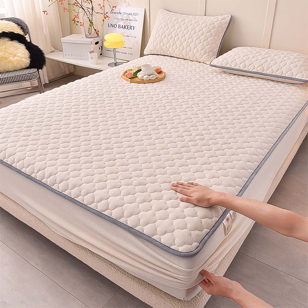 BCover70SOGA Beige 153cm Wide Mattress Cover Thick Quilted Fleece Stretchable Clover Design Bed Spread Sheet Protector with Pillow Covers05, Home & Living, Bedroom, Bedding, Mattress Protectors, Underlays & Toppers, ,  - NZ DEPOT 3