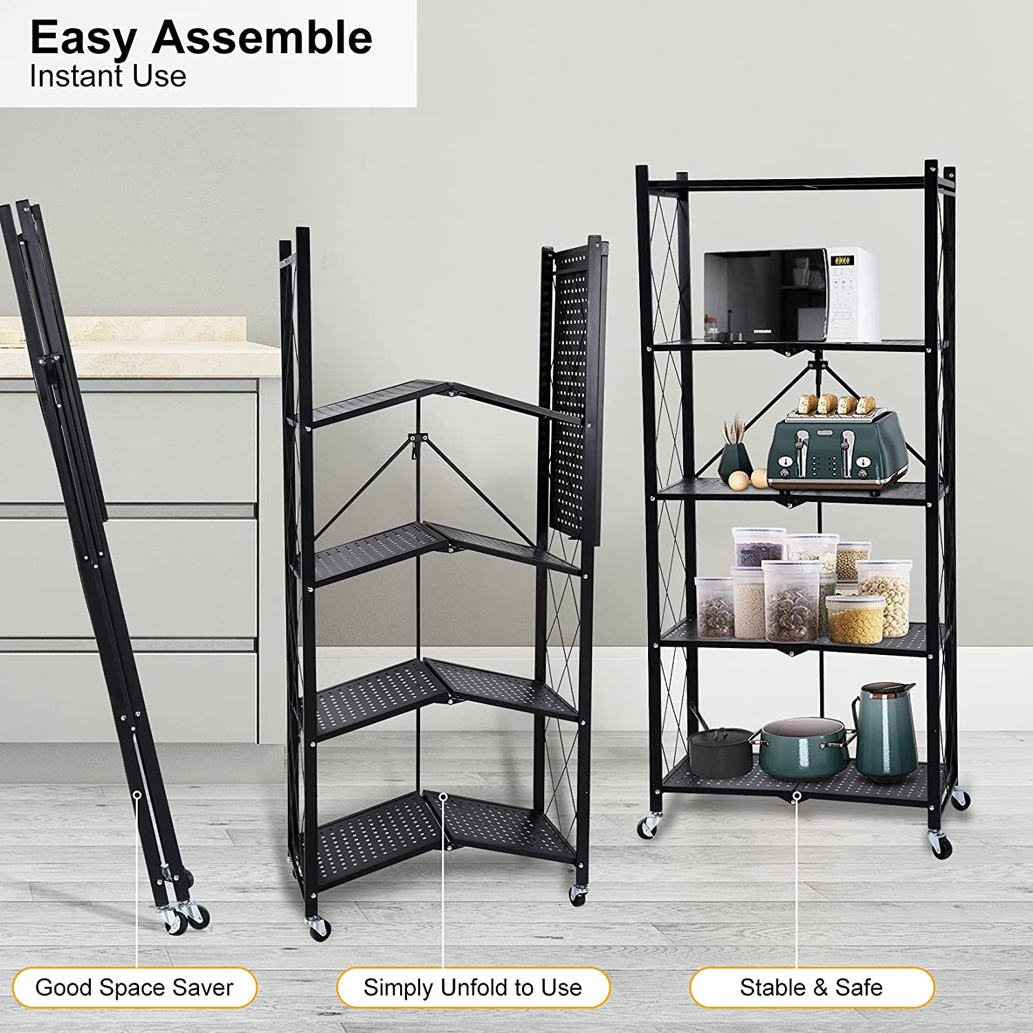 DS BS Foldable 5 Tier Kitchen Trolley Shelving Unit with Wheels PR65095 Kitchen Trolley NZ DEPOT 7