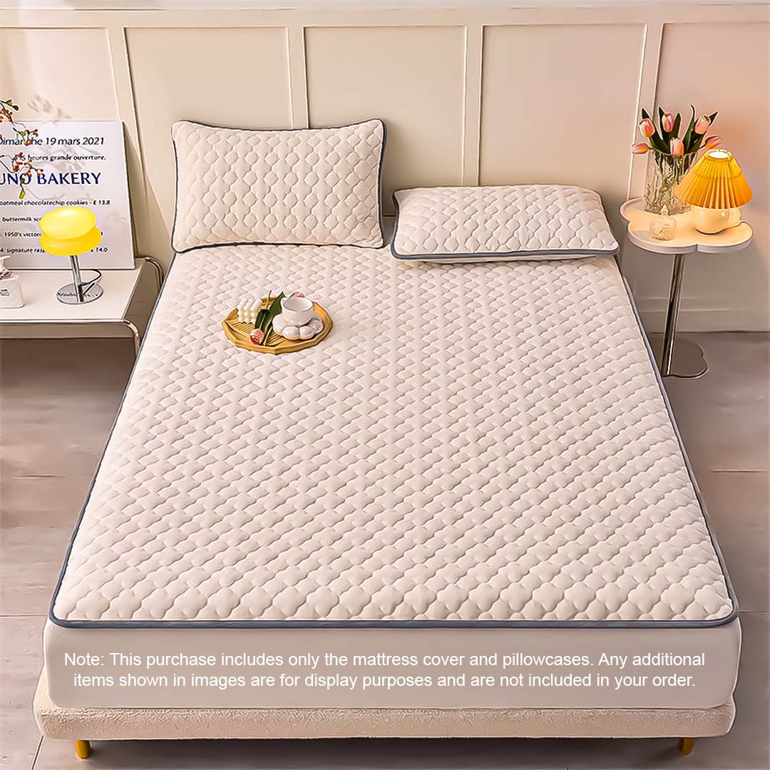 SOGA 2X Beige 138cm Wide Mattress Cover Thick Quilted Fleece Stretchable Clover Design Bed Spread Sheet Protector with Pillow Covers, Home & Living, Bedroom, Bedding, Mattress Protectors, Underlays & Toppers, ,  - NZ DEPOT 2