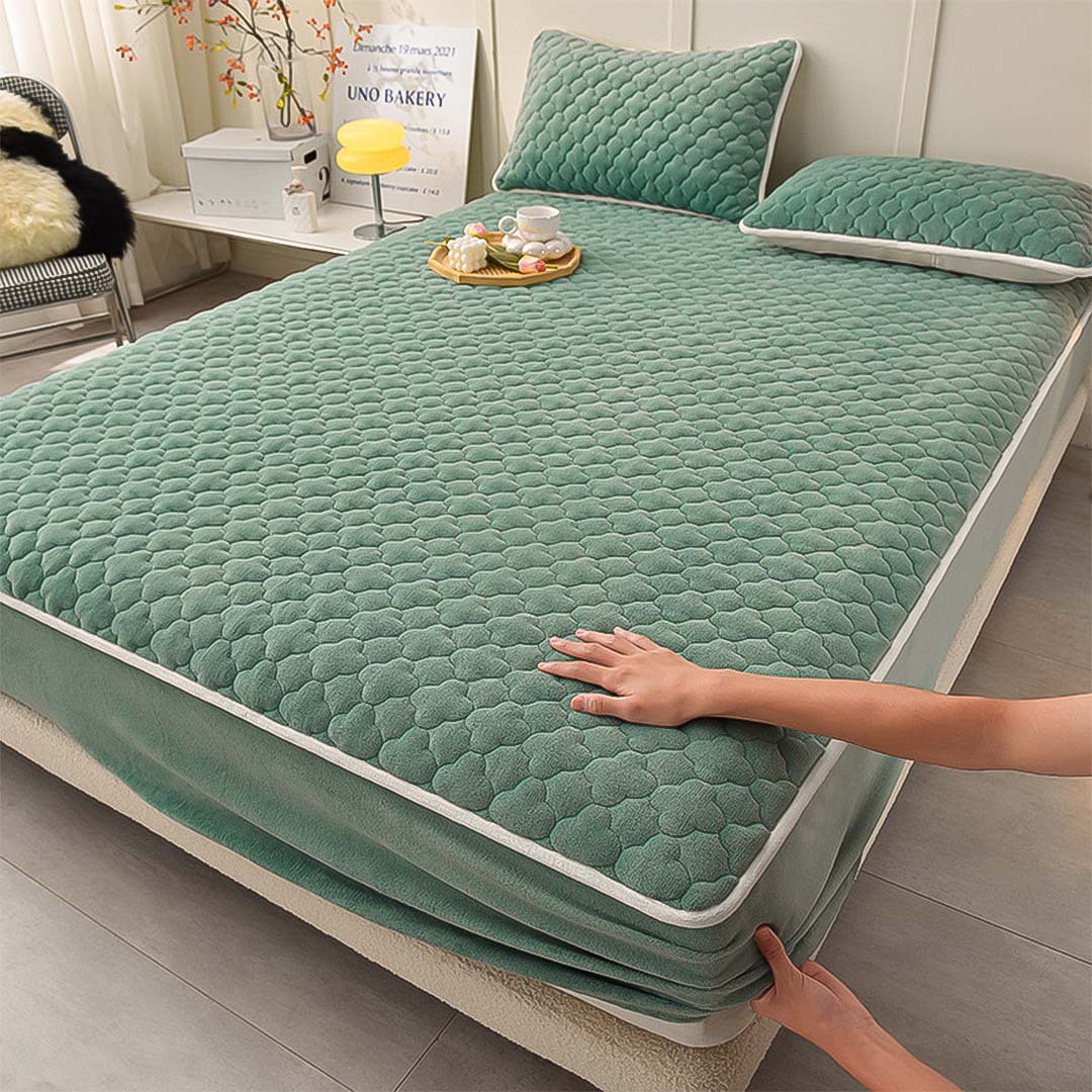 SOGA 2X Green 153cm Wide Mattress Cover Thick Quilted Fleece Stretchable Clover Design Bed Spread Sheet Protector with Pillow Covers, Home & Living, Bedroom, Bedding, Mattress Protectors, Underlays & Toppers, ,  - NZ DEPOT 3