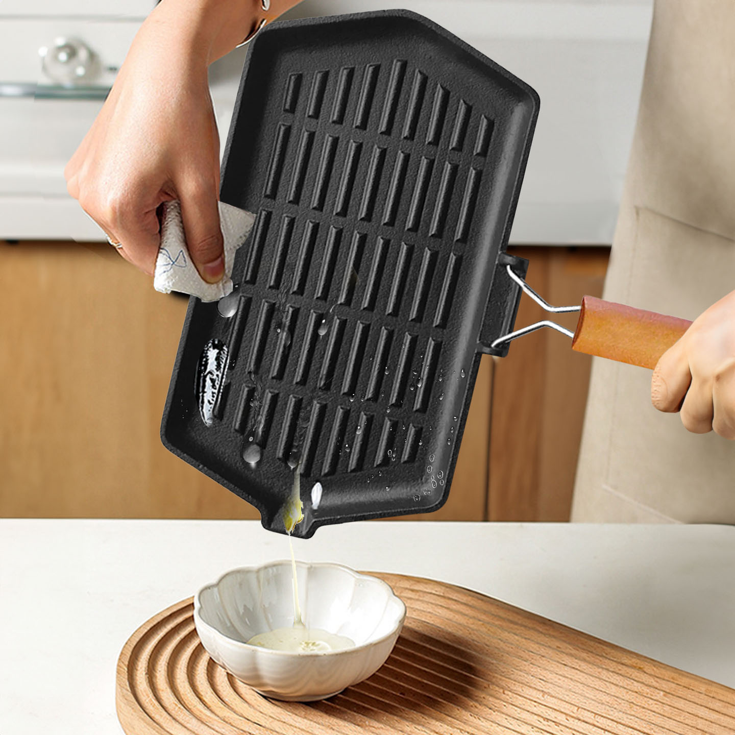 Soga 2X Rectangular Cast Iron Griddle Grill Frying Pan With Folding Wooden Handle, Home &Amp; Living, Kitchen &Amp; Dining, Cookware, Frying Pans, ,  - Nz Depot 9