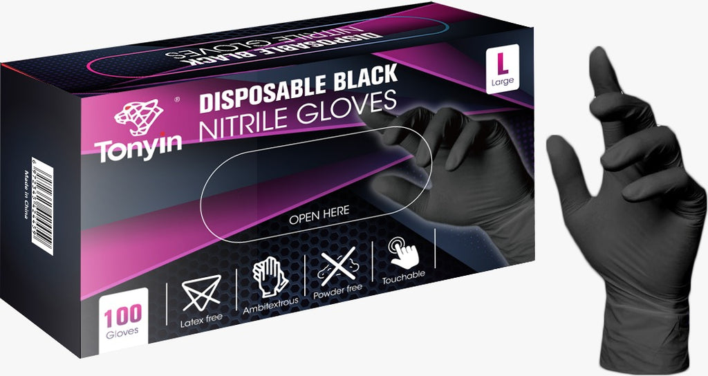 TONYIN DISPOSABLE BLACK NITRILE GLOVES ( L SIZE ) - NZ DEPOT