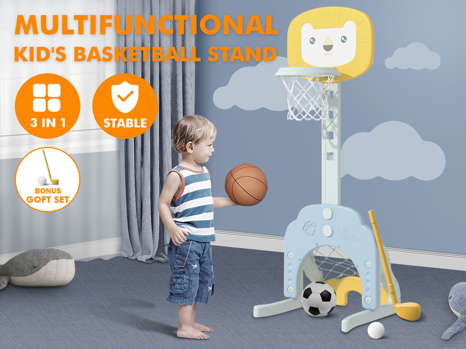 Baby Lion Basketball Stand Blue Yellow Pr6203 Kid Organisers Nz Depot 7 - Nz Depot