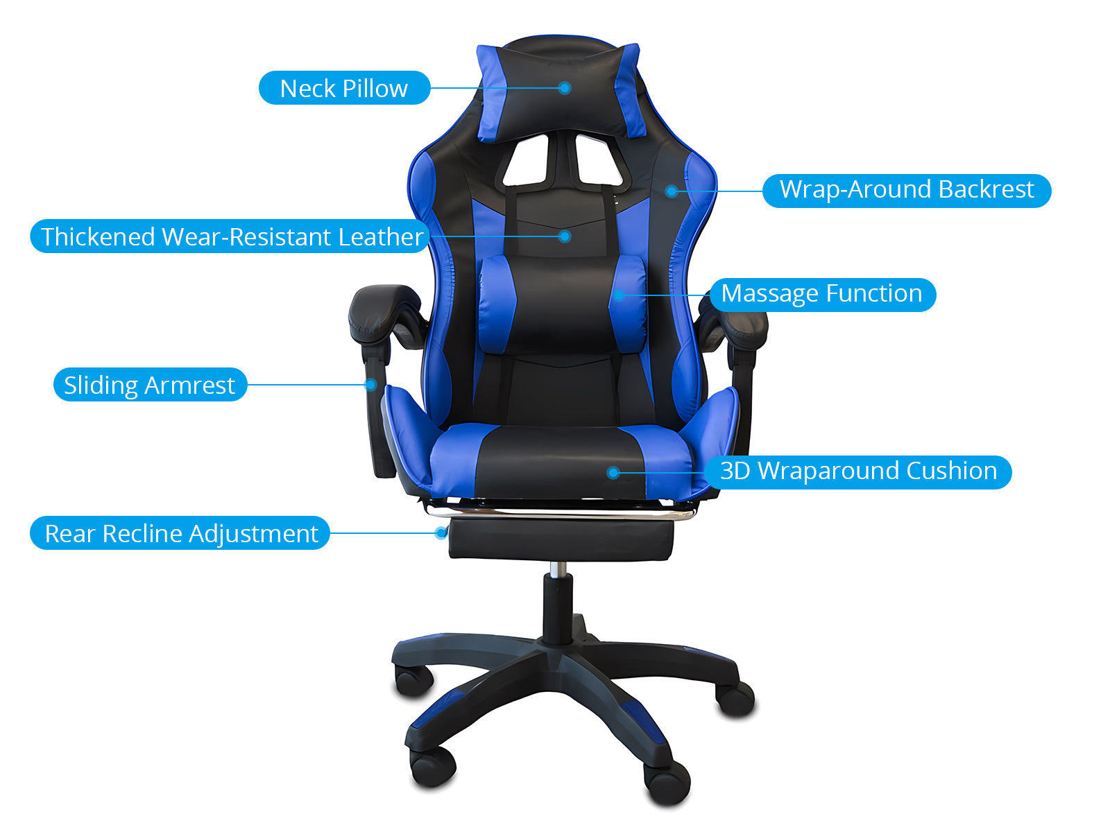 Chano Deluxe Gaming Chair Pu Blue Pr8926 Office Chairs Nz Depot 4 1 - Nz Depot