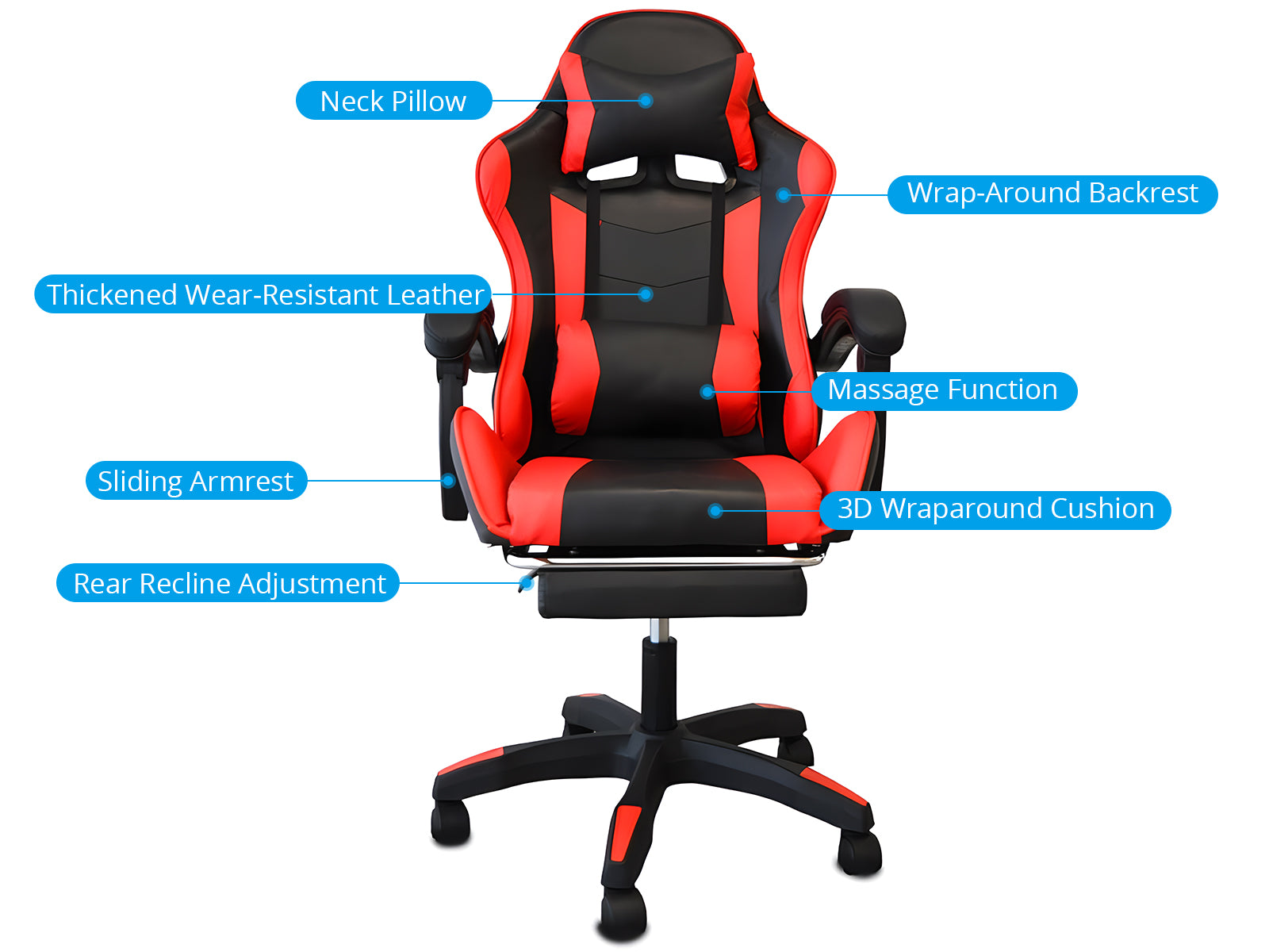 Chano Deluxe Gaming Chair Pu Red Pr8925 Office Chairs Nz Depot 4 1 - Nz Depot