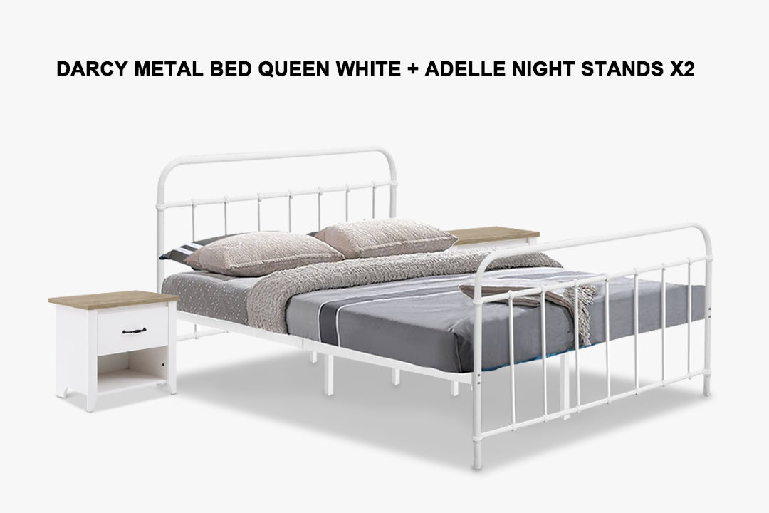 Darcy Bed Frame Queen + Adelle Nightstands X2