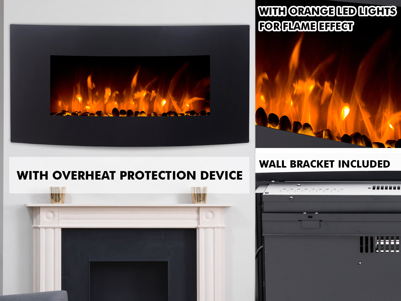 Electric Fireplace Wall Mounted Black Curved Glass Panel 36 Pr9039 Wall Heater Nz Depot 7 - Nz Depot