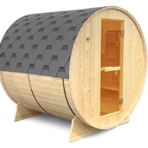 Outdoor Barrel Sauna With Dark Grey Bitumen Roof