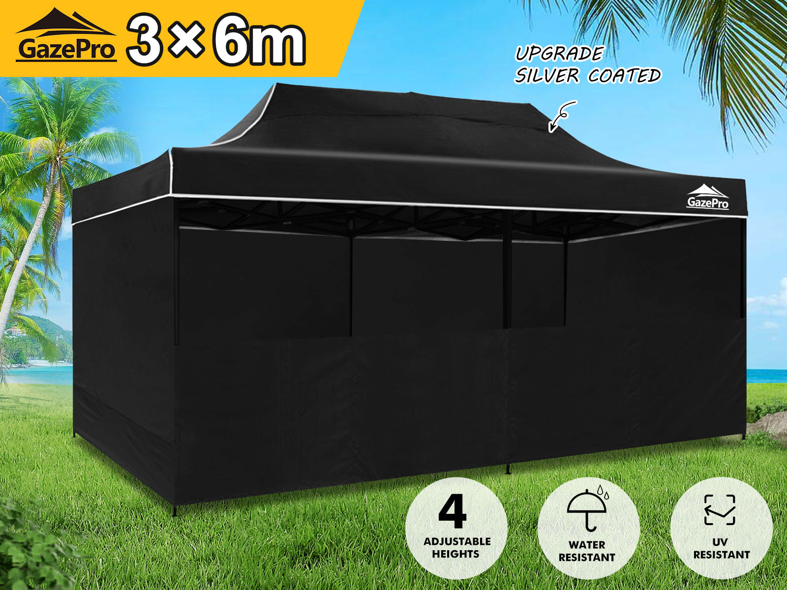 Gazebo C Silver Coated Roof 3X6M Black Pr9260 Gazebos Nz Depot 12 - Nz Depot