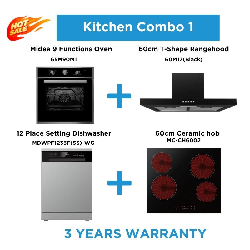 Midea Comfortable Life Kitchen Package | Multifunction Oven, Cooktop, Dishwasher &Amp; Rangehood | Midea Kitchen Appliances Nz - Ovens - 65M90M1+60M17(Black)+Mdwpf1233F(Ss)-Wg+Mc-Ch6002 - Nz Depot