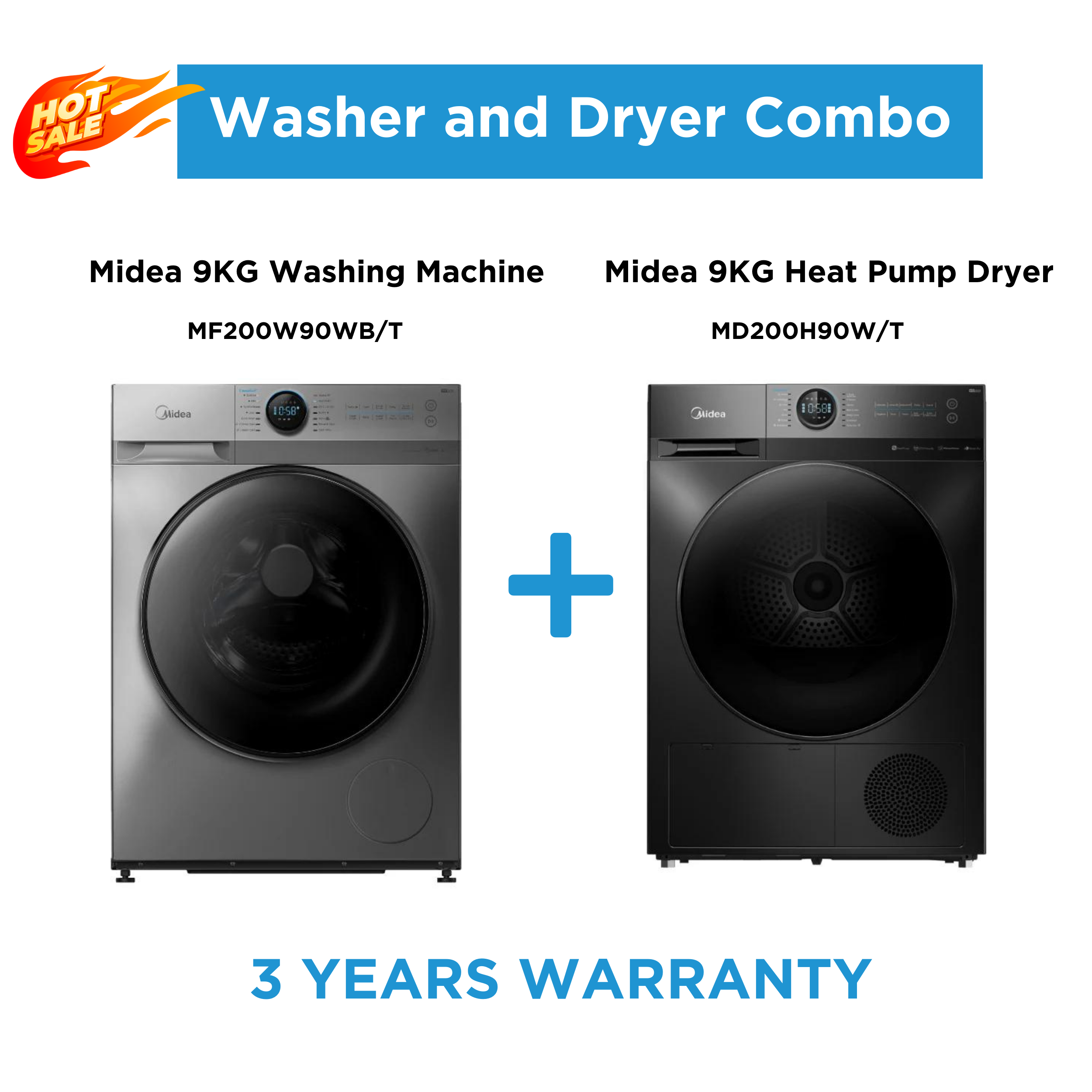 Midea Laundry Combo  - 9Kg Steam Wash Front Load Washing Machine + 9Kg Heat Pump Dryer - Combos - Mf200W90Wb/T+Md200H90W/T - Nz Depot