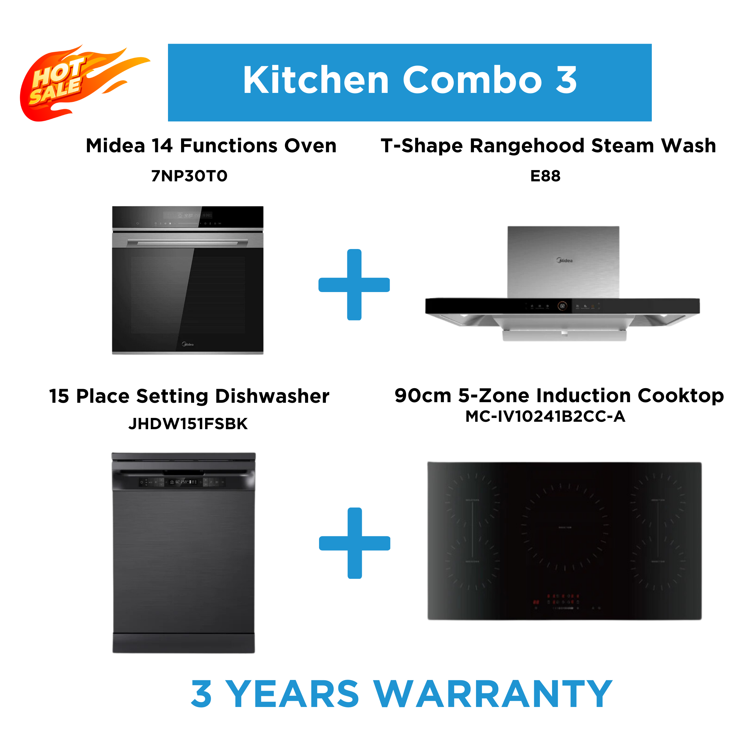 Midea Quality Life Kitchen Package | 14-Function Oven, Induction Cooktop, Dishwasher & Rangehood | Midea Kitchen Appliances NZ - Ovens - 7NP30T0+E88+JHDW151FSBK+MC-IV10241B2CC-A - NZ DEPOT