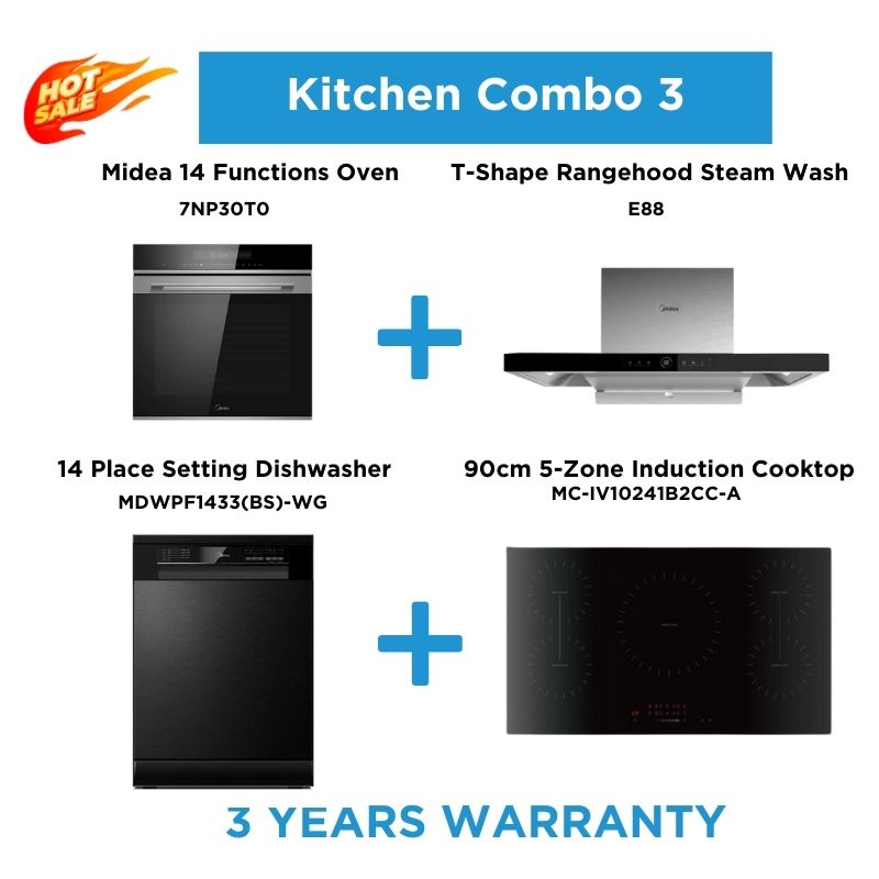 Midea Quality Life Kitchen Package | 14-Function Oven, Induction Cooktop, Dishwasher &Amp; Rangehood | Midea Kitchen Appliances Nz - Ovens - 7Np30T0+E88+Mdwpf1433F(Bs)-Wg+Mc-Iv10241B2Cc-A - Nz Depot