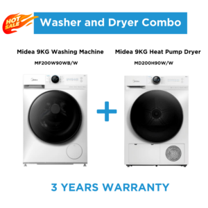 Midea White 9kg Laundry Combo  - 9KG Steam Wash Front Load Washing Machine + 9kg Heat Pump Dryer - Combos - MF200W90WB/W+MD200H90W/W - NZ DEPOT