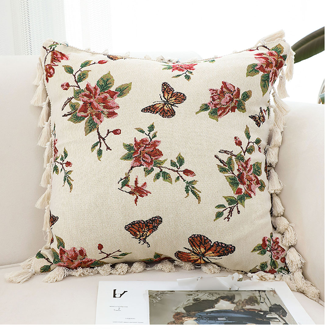 Soga 2X 45Cm Creamy White French Vintage Butterfly Loves Flowers Tassel Throw Pillow, Furniture, Living Room Furniture, Occasional Chairs, , ,  - Nz Depot 2