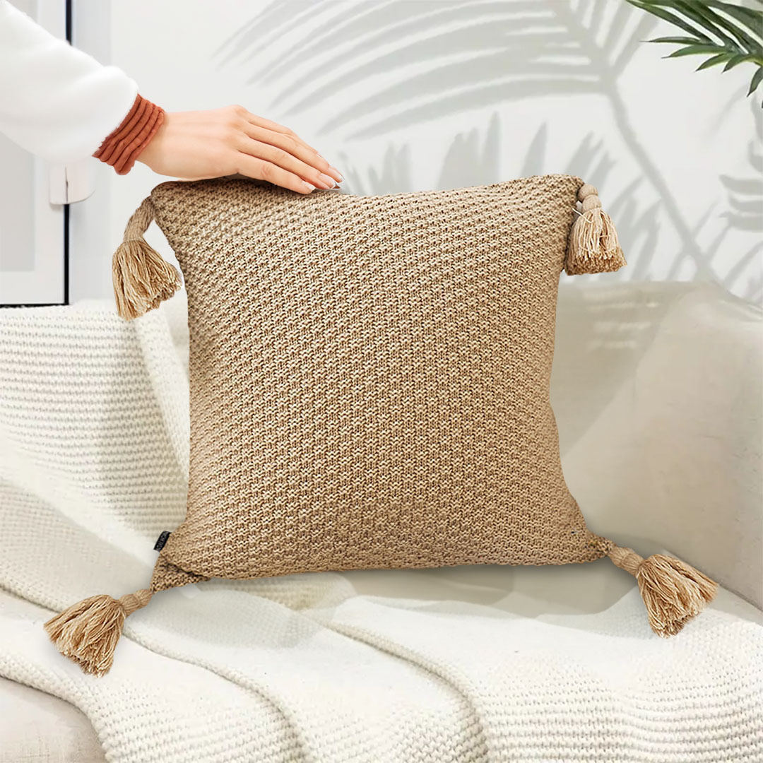 Soga 50Cm Light Brown Pillow With Tassel Accents, Rizzy Transitional Cover Throw Pillow, Furniture, Living Room Furniture, Occasional Chairs, , ,  - Nz Depot 5