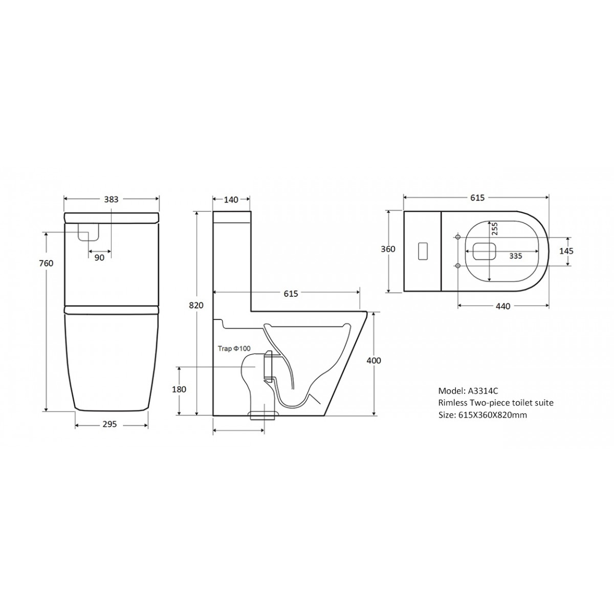 Toilet Suite Btw Bella Rimless Flushing A3314 A3314 Sp Pan Back To Wall Nz Depot 3 - Nz Depot