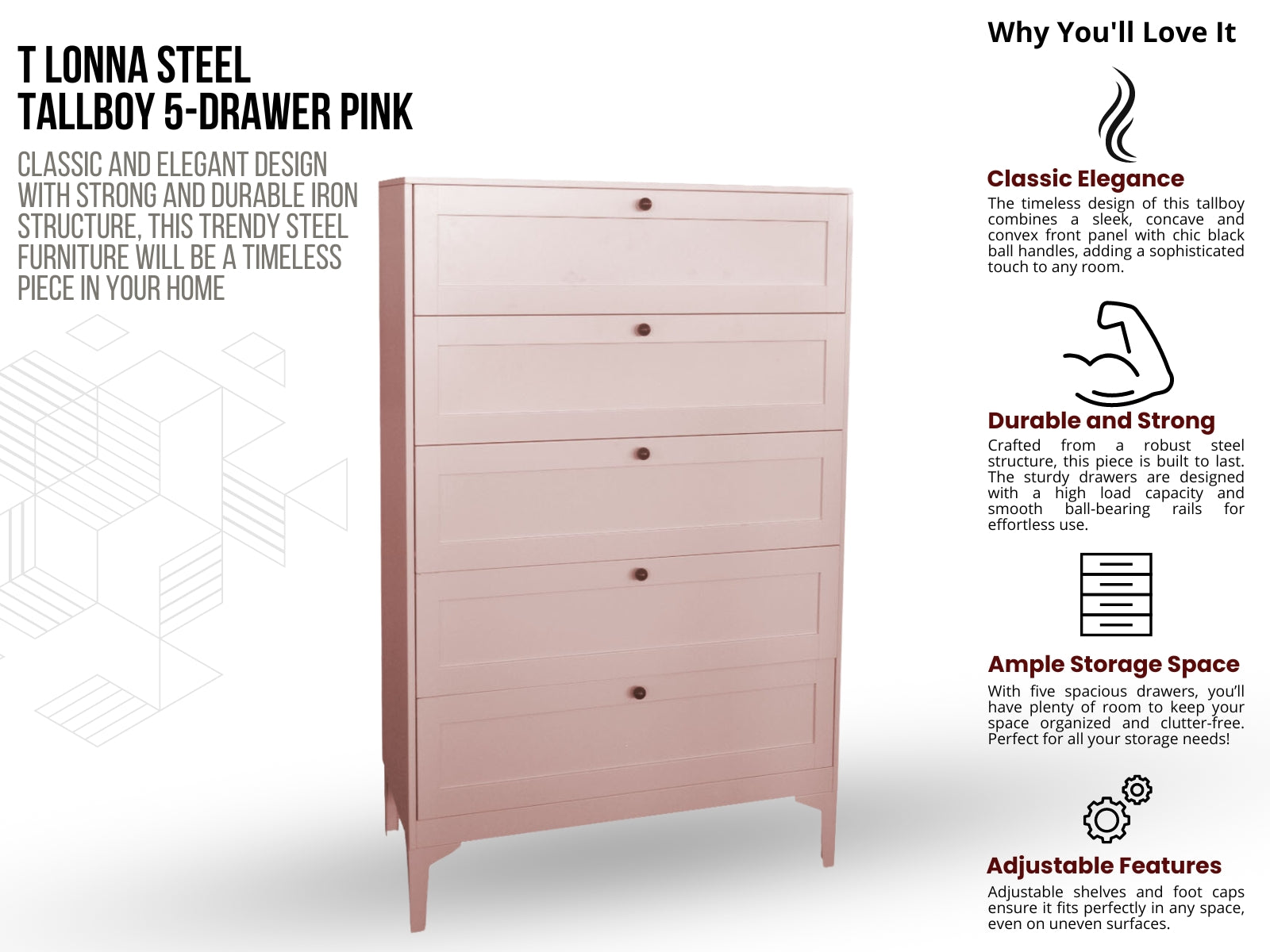 Lonna Steel Tallboy 5 Drawer Pink Pr65423 Tallboys Nz Depot 3 - Nz Depot