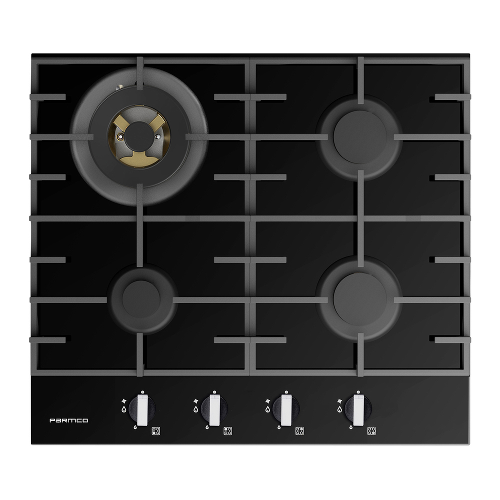 Parmco 600Mm Hob, 3 Burner + Wok, Gas, Black Glass - Nzdepot