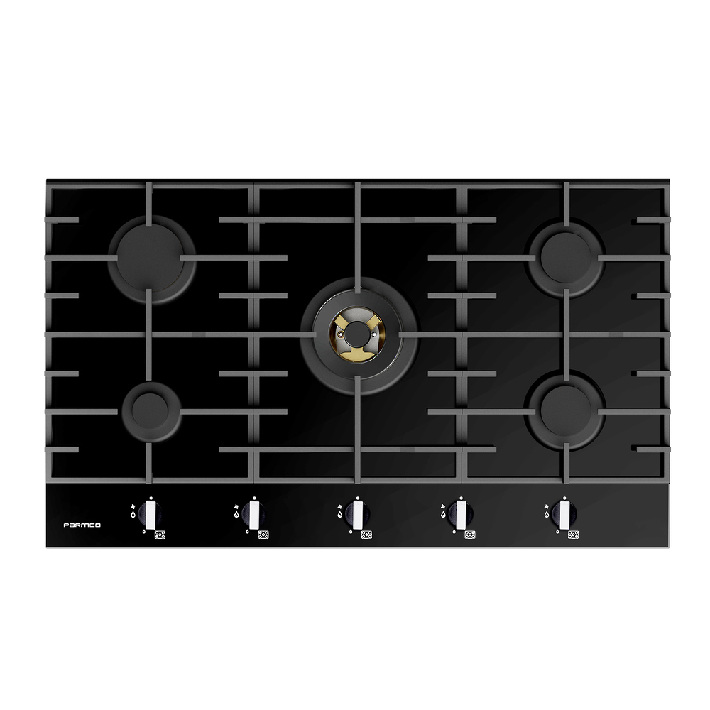 Parmco 900Mm Hob, 4 Burner + Wok, Gas, Black Glass - Nzdepot