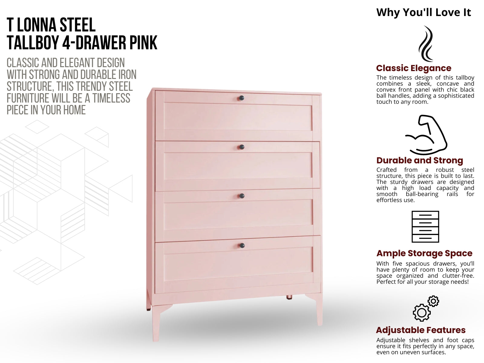 Lonna Steel Tallboy 4 Drawer Pink Pr65424 Tallboys Nz Depot 5 1 - Nz Depot