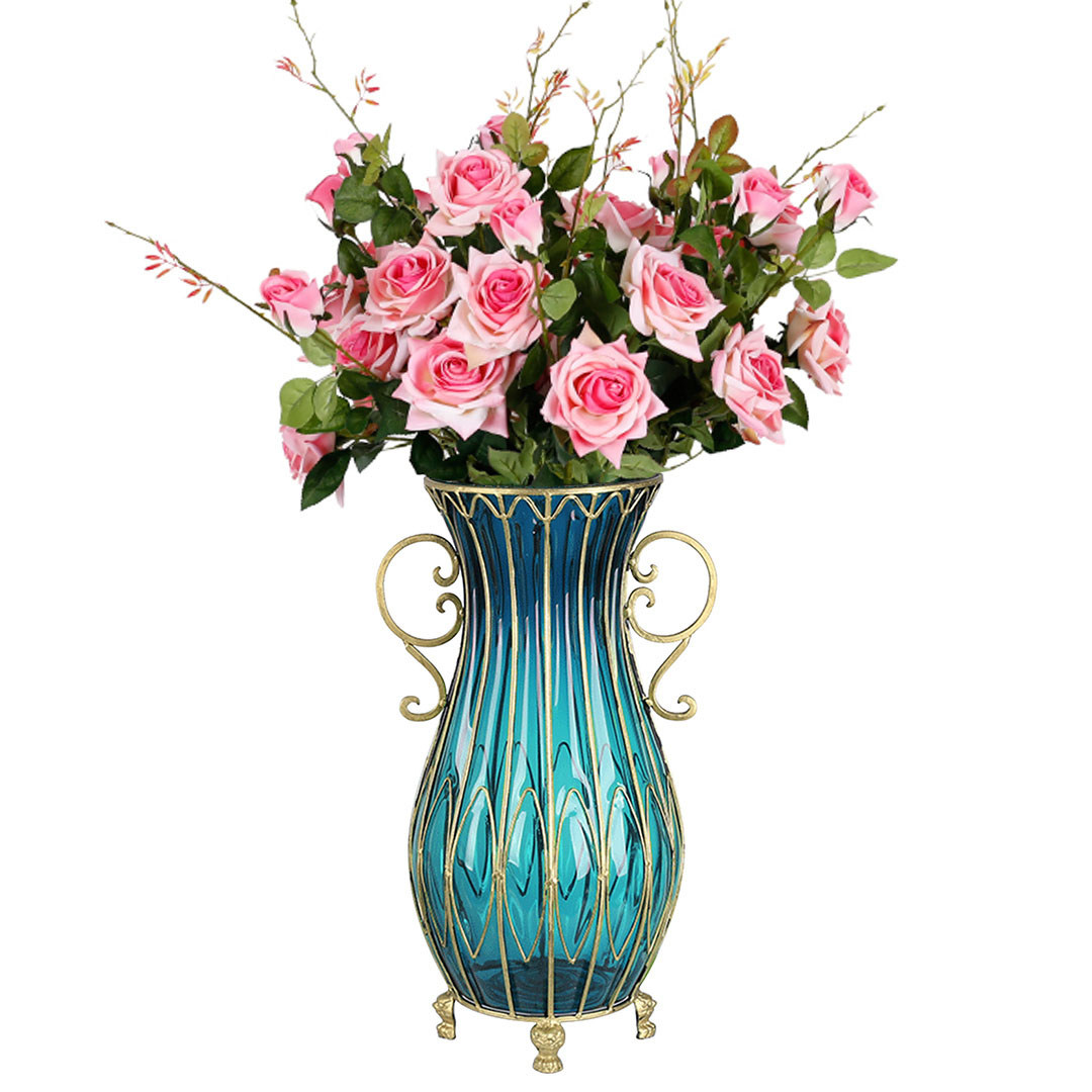 Soga 51Cm Blue Glass Tall Floor Vase With 12Pcs Pink Artificial Fake Flower Set, Home &Amp; Living, Home Decor, Vases, , ,  - Nz Depot 1