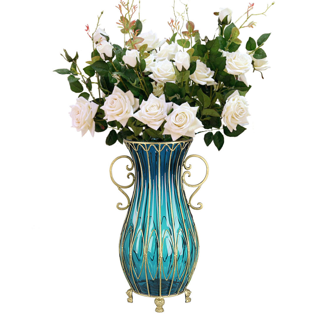 Soga 51Cm Blue Glass Tall Floor Vase With 12Pcs White Artificial Fake Flower Set, Home &Amp; Living, Home Decor, Vases, , ,  - Nz Depot 1