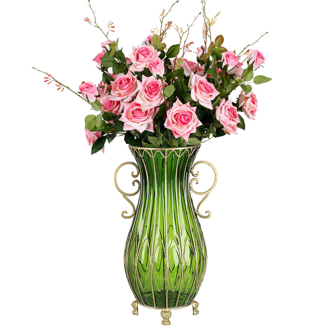 Soga 51Cm Green Glass Tall Floor Vase With 12Pcs Pink Artificial Fake Flower Set, Home &Amp; Living, Home Decor, Vases, , ,  - Nz Depot 1