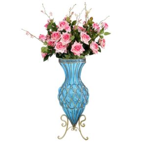 SOGA 67cm Blue Glass Tall Floor Vase and 12pcs Pink Artificial Fake Flower Set, Home & Living, Home Decor, Vases, , ,  - NZ DEPOT 1