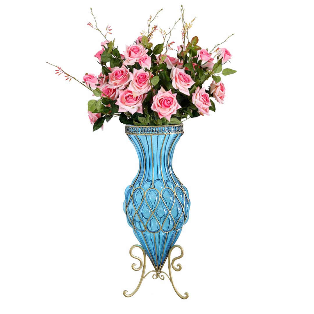 Soga 67Cm Blue Glass Tall Floor Vase And 12Pcs Pink Artificial Fake Flower Set, Home &Amp; Living, Home Decor, Vases, , ,  - Nz Depot 1