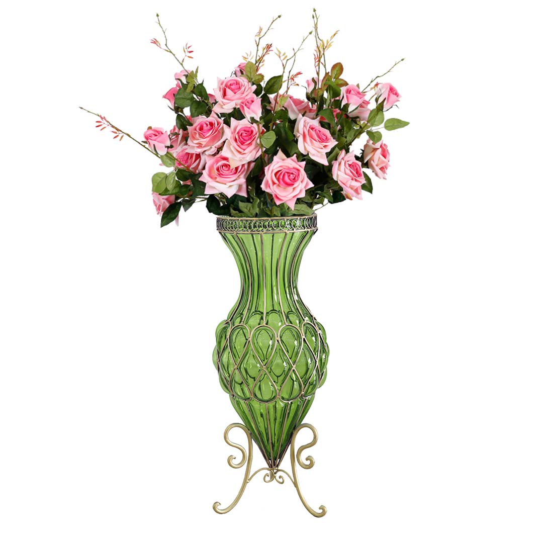 Soga 67Cm Green Glass Tall Floor Vase And 12Pcs Pink Artificial Fake Flower Set, Home &Amp; Living, Home Decor, Vases, , ,  - Nz Depot 1