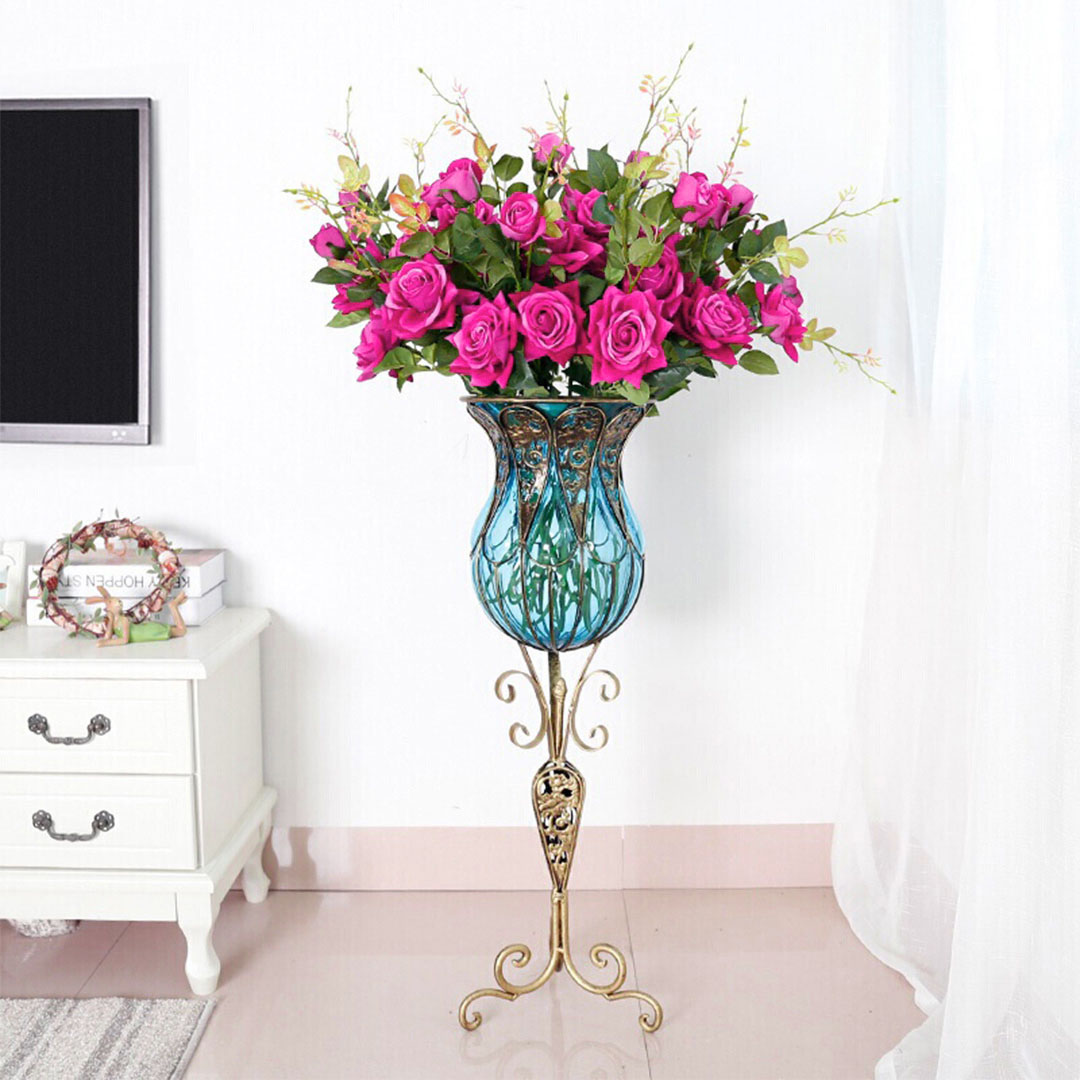 Soga 85Cm Blue Glass Tall Floor Vase And 12Pcs Dark Pink Artificial Fake Flower Set, Home &Amp; Living, Home Decor, Vases, , ,  - Nz Depot 10