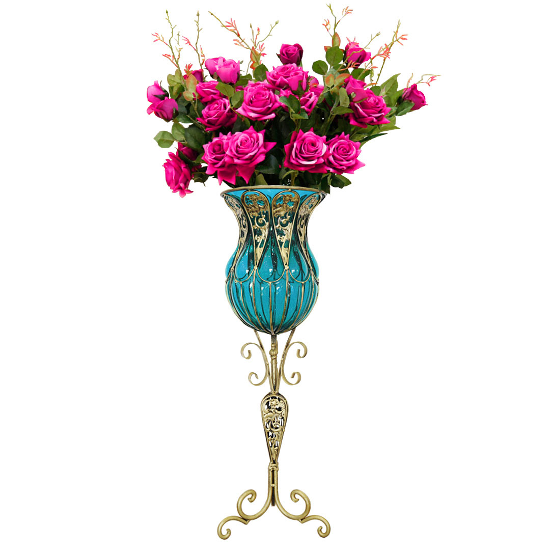 Soga 85Cm Blue Glass Tall Floor Vase And 12Pcs Dark Pink Artificial Fake Flower Set, Home &Amp; Living, Home Decor, Vases, , ,  - Nz Depot 1