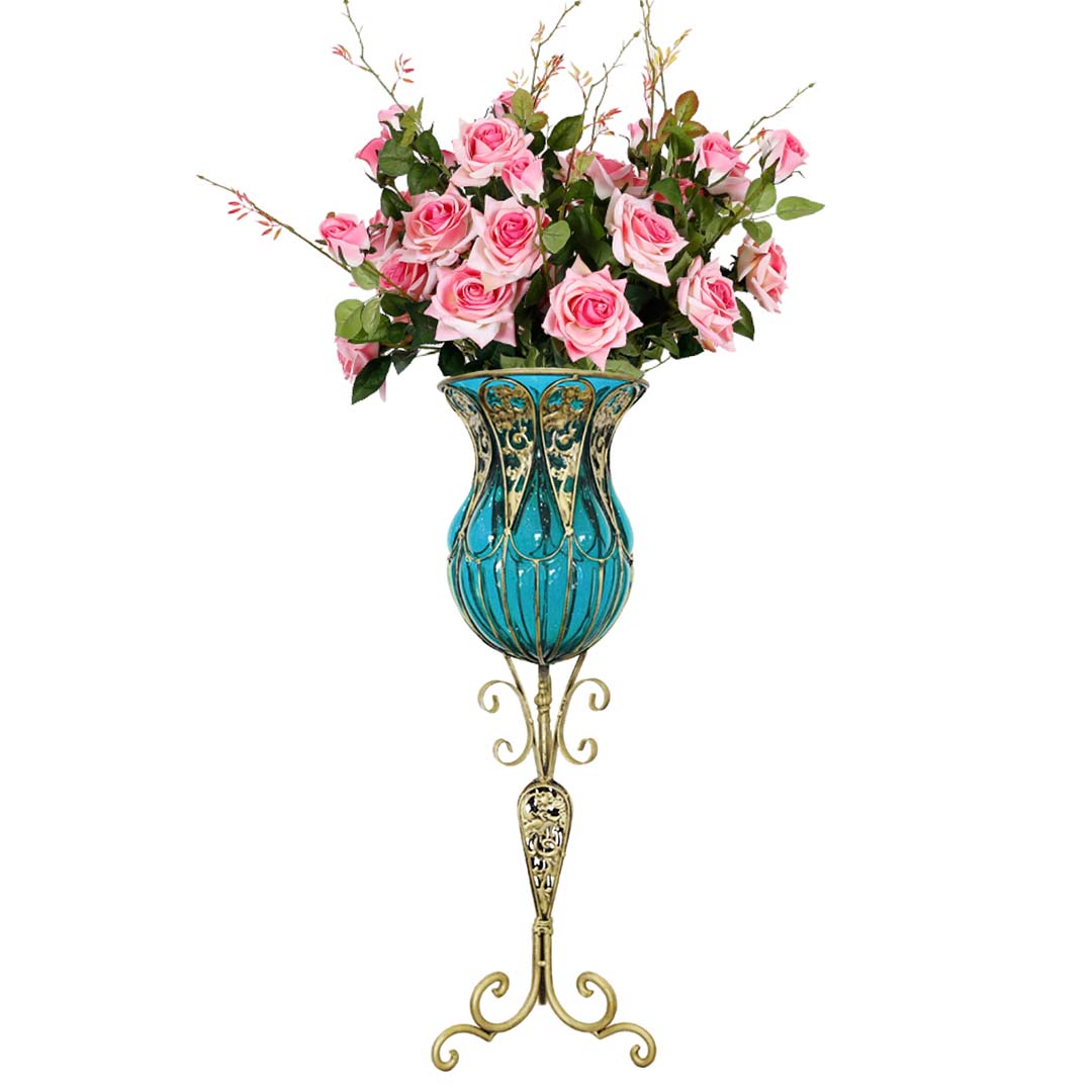 Soga 85Cm Blue Glass Tall Floor Vase And 12Pcs Pink Artificial Fake Flower Set, Home &Amp; Living, Home Decor, Vases, , ,  - Nz Depot 1