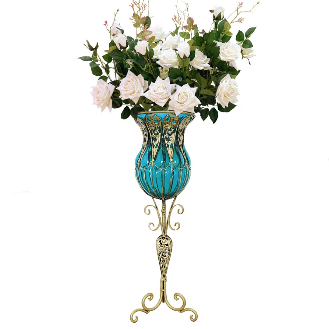 Soga 85Cm Blue Glass Tall Floor Vase And 12Pcs White Artificial Fake Flower Set, Home &Amp; Living, Home Decor, Vases, , ,  - Nz Depot 1