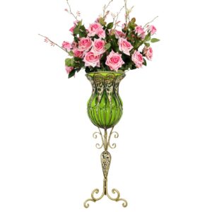 SOGA 85cm Green Glass Tall Floor Vase and 12pcs Pink Artificial Fake Flower Set, Home & Living, Home Decor, Vases, , ,  - NZ DEPOT 1