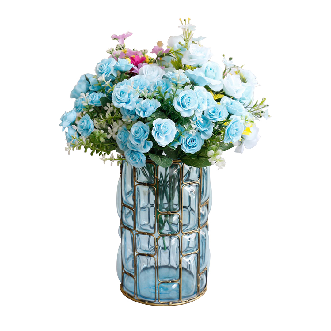 Soga Blue Colored European Glass Cylinder Flower Vase With Gold Metal Pattern, Home &Amp; Living, Home Decor, Vases, , ,  - Nz Depot 2