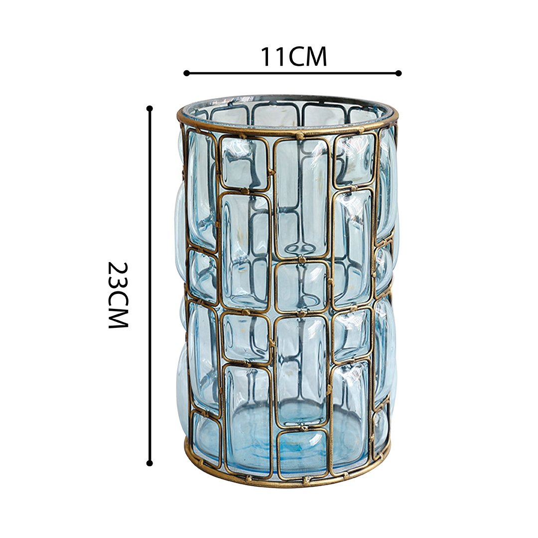 Soga Blue Colored European Glass Cylinder Flower Vase With Gold Metal Pattern, Home &Amp; Living, Home Decor, Vases, , ,  - Nz Depot 3