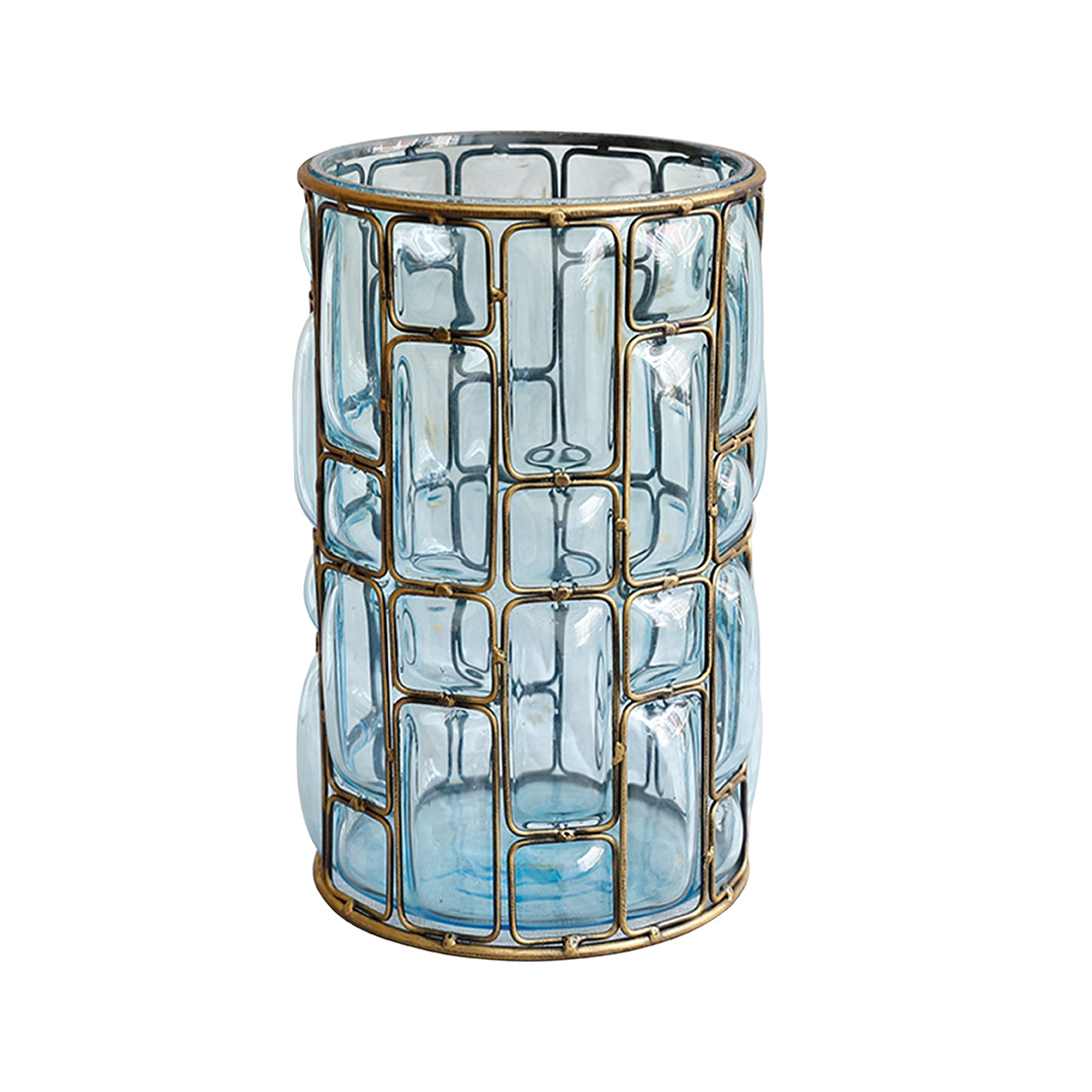 Soga Blue Colored European Glass Cylinder Flower Vase With Gold Metal Pattern, Home &Amp; Living, Home Decor, Vases, , ,  - Nz Depot 1