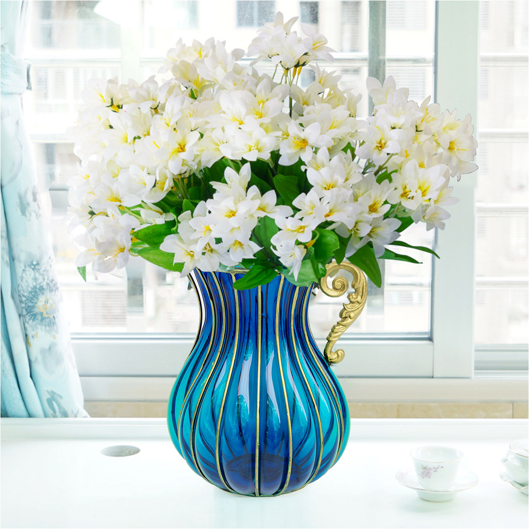 Soga Blue Colored Glass Flower Vase With 10 Bunch 6 Heads Artificial Fake Silk Lilium Nanum Home Decor Set, Home &Amp; Living, Home Decor, Vases, , ,  - Nz Depot 6