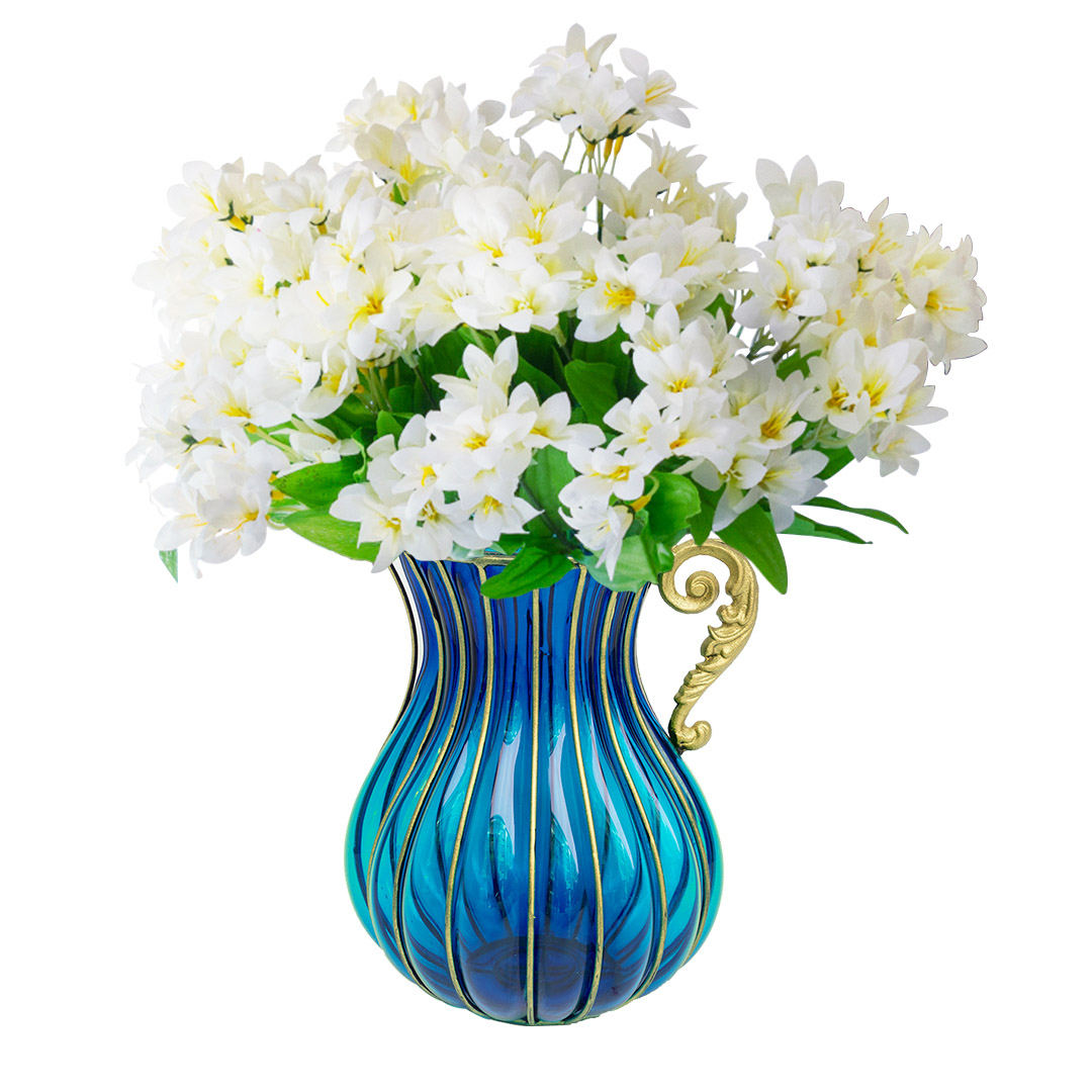 Soga Blue Colored Glass Flower Vase With 10 Bunch 6 Heads Artificial Fake Silk Lilium Nanum Home Decor Set, Home &Amp; Living, Home Decor, Vases, , ,  - Nz Depot 1