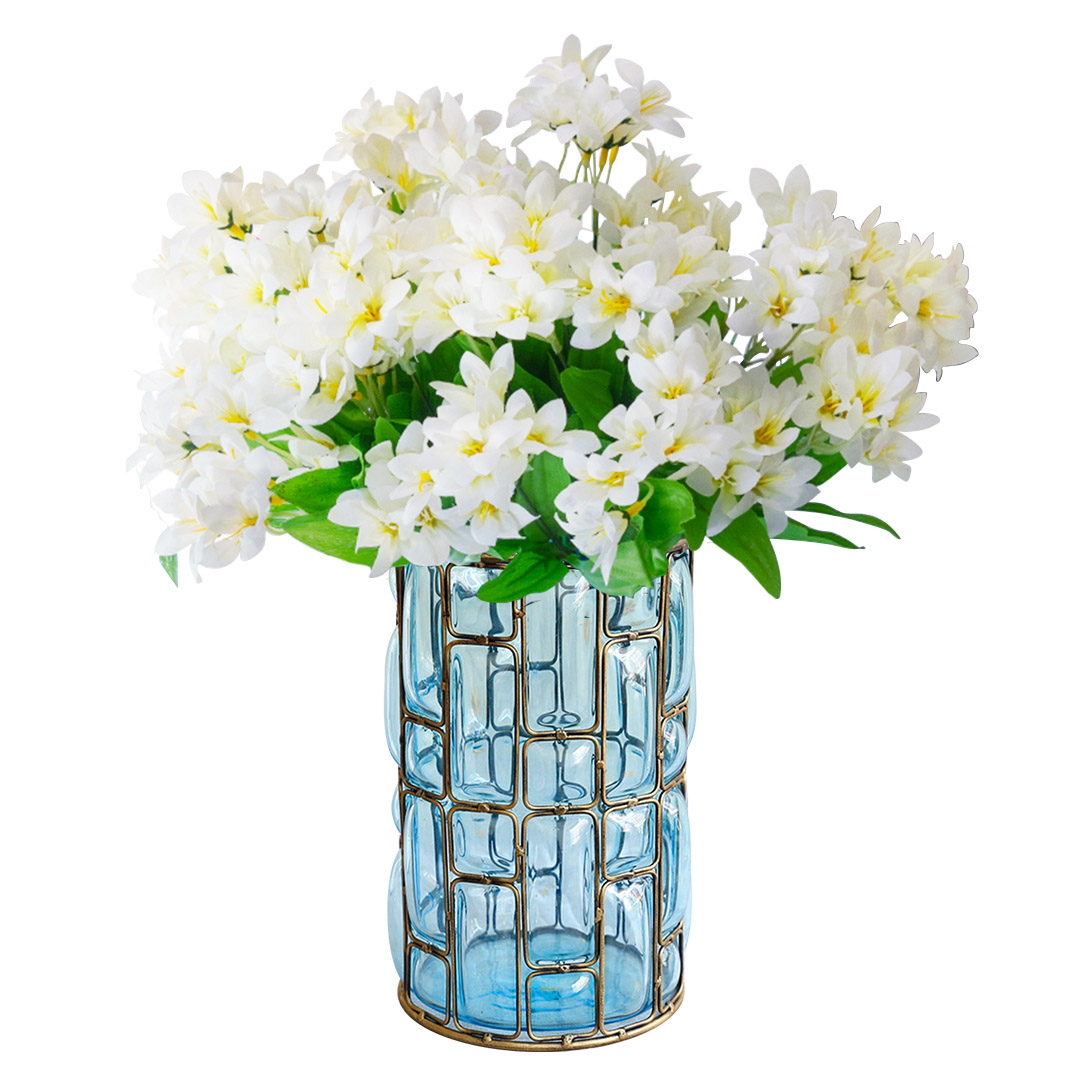 Soga Blue Glass Cylinder Flower Vase With 10 Bunch 6 Heads Artificial Fake Silk Lilium Nanum Home Decor Set, Home &Amp; Living, Home Decor, Vases, , ,  - Nz Depot 1