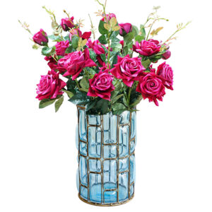 SOGA Blue Glass Cylinder Flower Vase with 8 Bunch 5 Heads Artificial Fake Silk Rose Home Decor Set, Home & Living, Home Decor, Vases, , ,  - NZ DEPOT 1